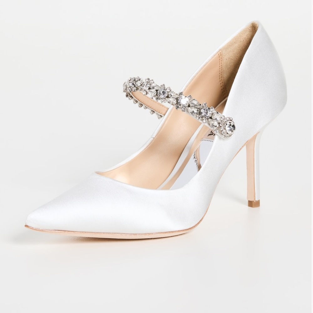Badgley Mischka White Satin Heels with Crystal Strap